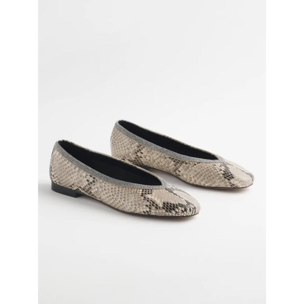 Chico's Snake Print Ballet Flats 11M Gray Black Square Toe Slip On Shoes